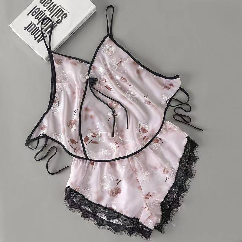 Image of Pretty summer plus-size sexy pajamas, ice silk belly pocket set, adult suspender sexy backless underwear, shorts, thin style